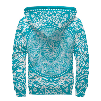 Teal And White Mandala Print Sherpa Lined Zip Up Hoodie