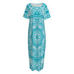 Teal And White Mandala Print Short Sleeve Long Nightdress