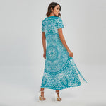Teal And White Mandala Print Short Sleeve Maxi Dress