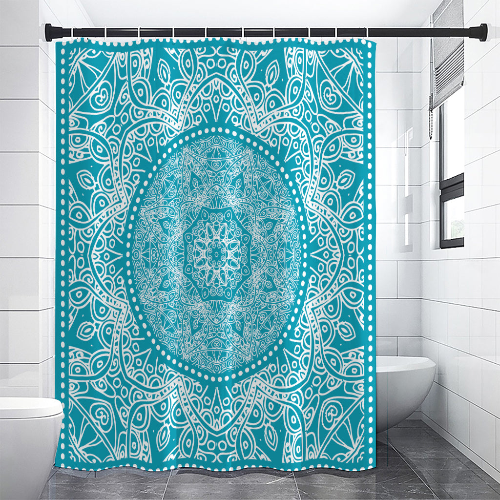 Teal And White Mandala Print Shower Curtain