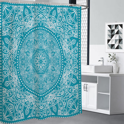 Teal And White Mandala Print Shower Curtain