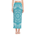 Teal And White Mandala Print Side Slit Maxi Skirt