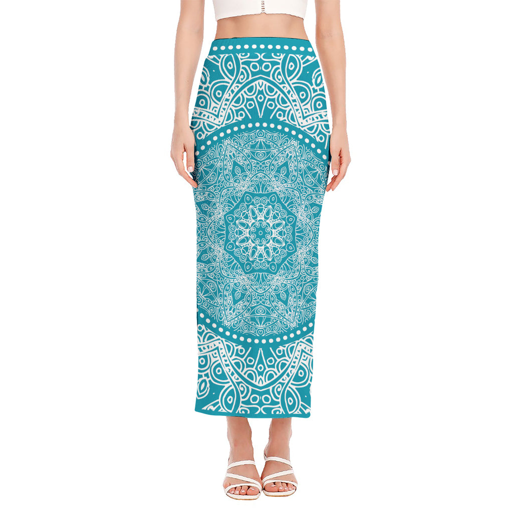 Teal And White Mandala Print Side Slit Maxi Skirt