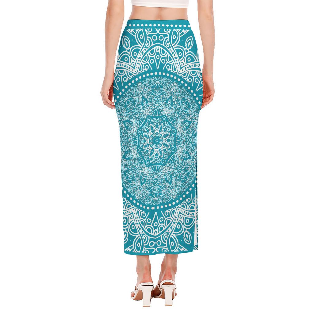 Teal And White Mandala Print Side Slit Maxi Skirt