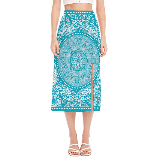 Teal And White Mandala Print Side Slit Midi Skirt