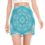 Teal And White Mandala Print Side Slit Mini Skirt