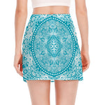 Teal And White Mandala Print Side Slit Mini Skirt