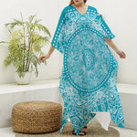 Teal And White Mandala Print Silk V-Neck Kaftan Dress