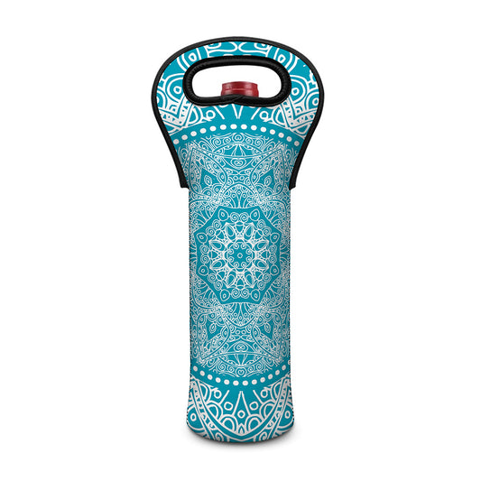 Teal And White Mandala Print Single Neoprene Wine Tote