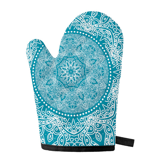 Teal And White Mandala Print Single Oven Mitt