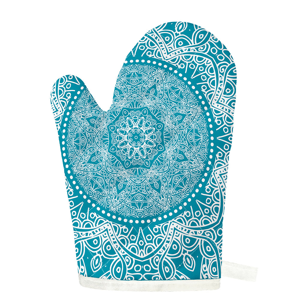 Teal And White Mandala Print Single Oven Mitt