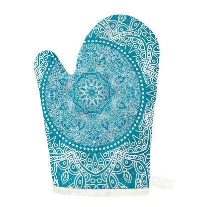 Teal And White Mandala Print Single Oven Mitt