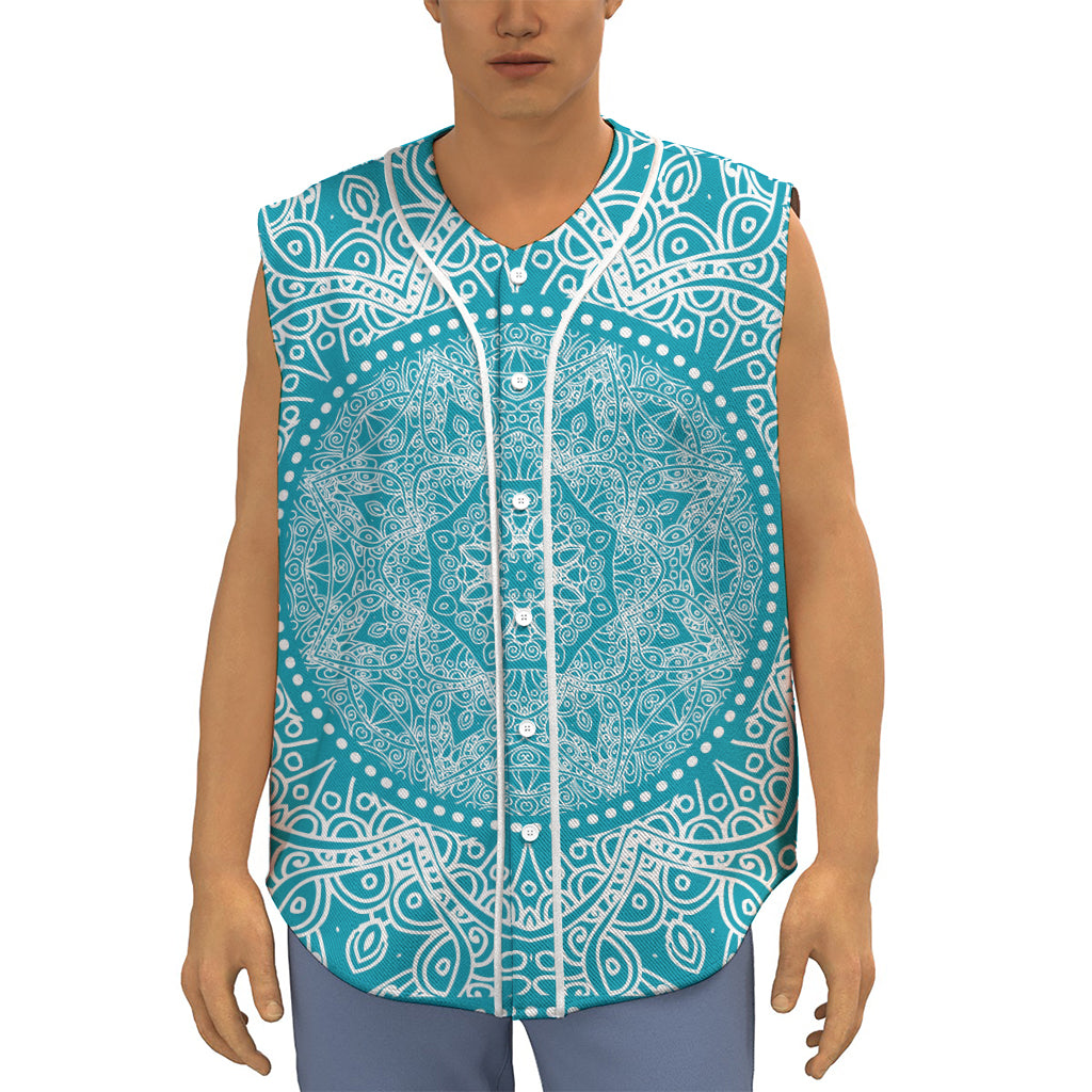Teal And White Mandala Print Sleeveless Baseball Jersey