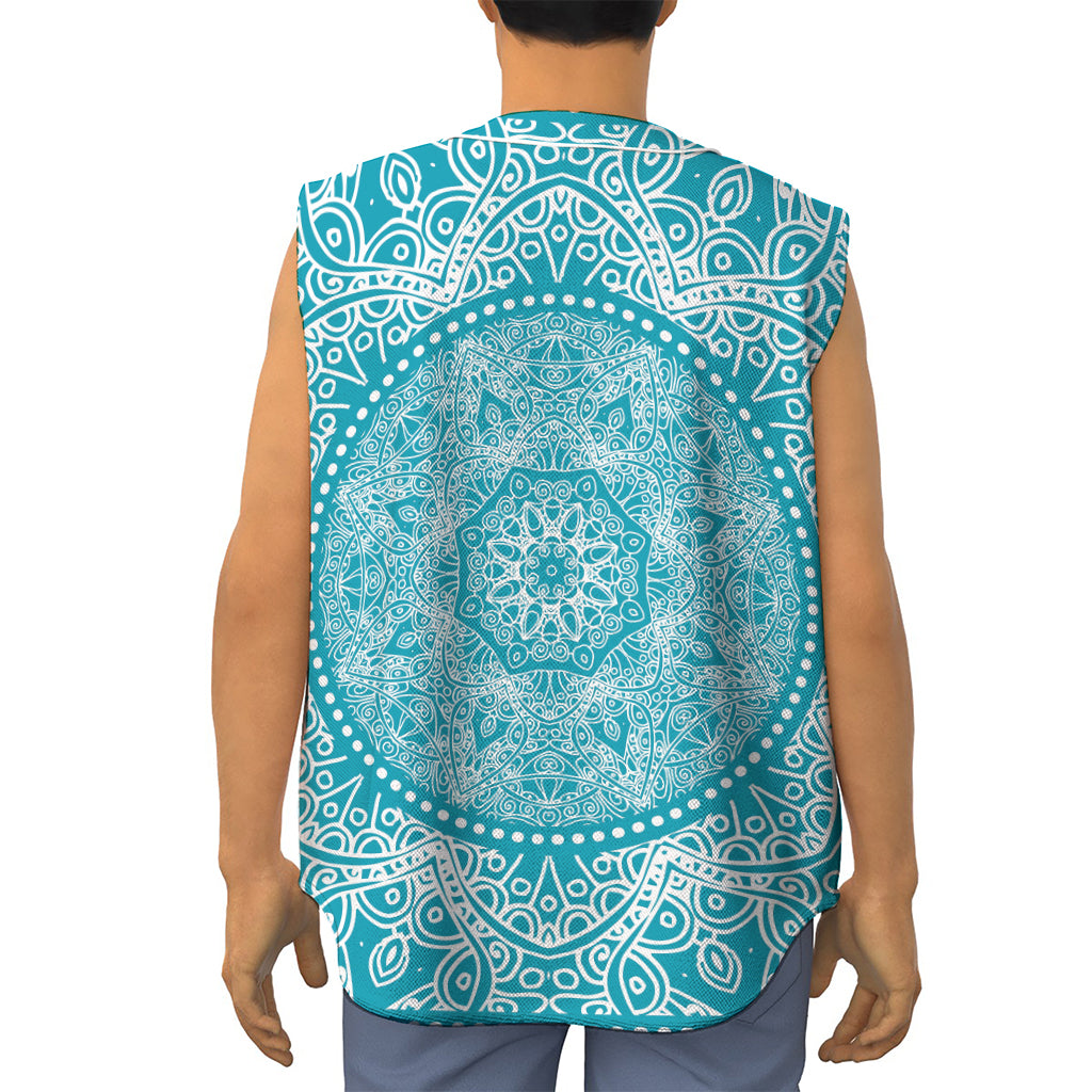 Teal And White Mandala Print Sleeveless Baseball Jersey