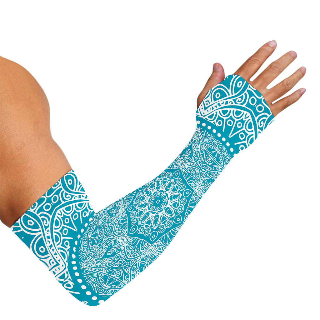 Teal And White Mandala Print Sun Protection Arm Sleeves