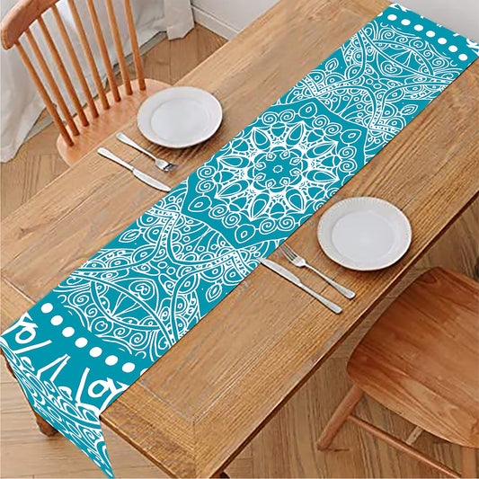 Teal And White Mandala Print Table Runner