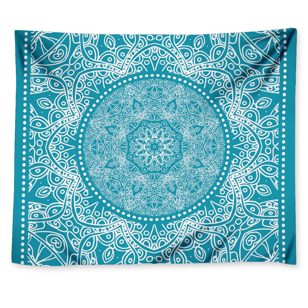Teal And White Mandala Print Tapestry
