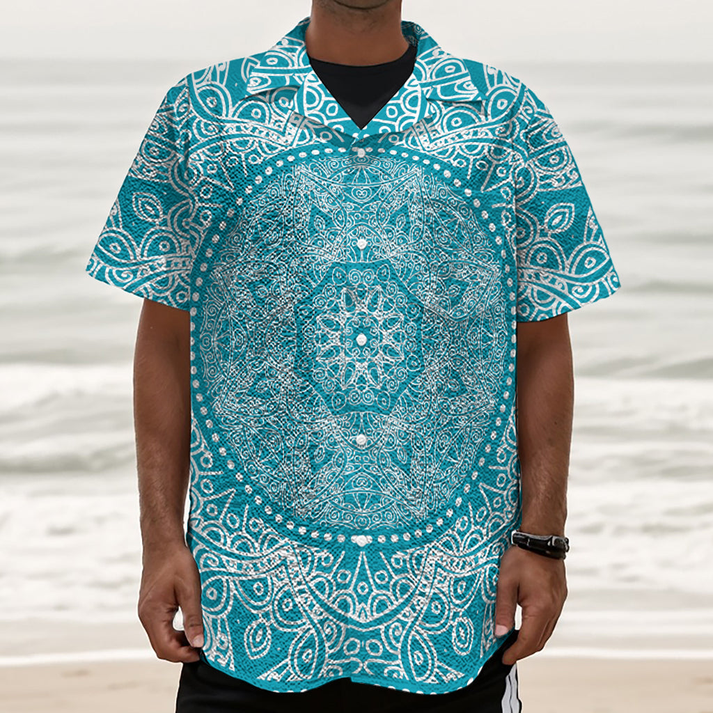 Teal And White Mandala Print Textured Short Sleeve Shirt