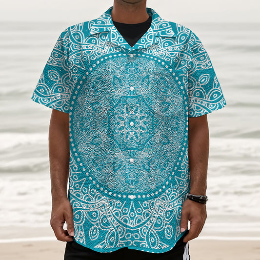 Teal And White Mandala Print Textured Short Sleeve Shirt
