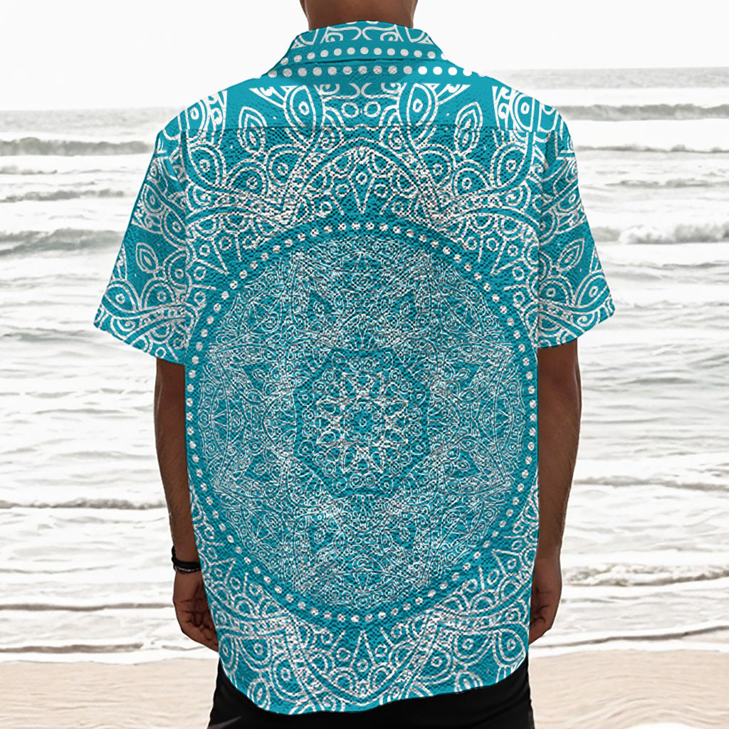 Teal And White Mandala Print Textured Short Sleeve Shirt