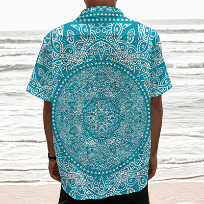 Teal And White Mandala Print Textured Short Sleeve Shirt