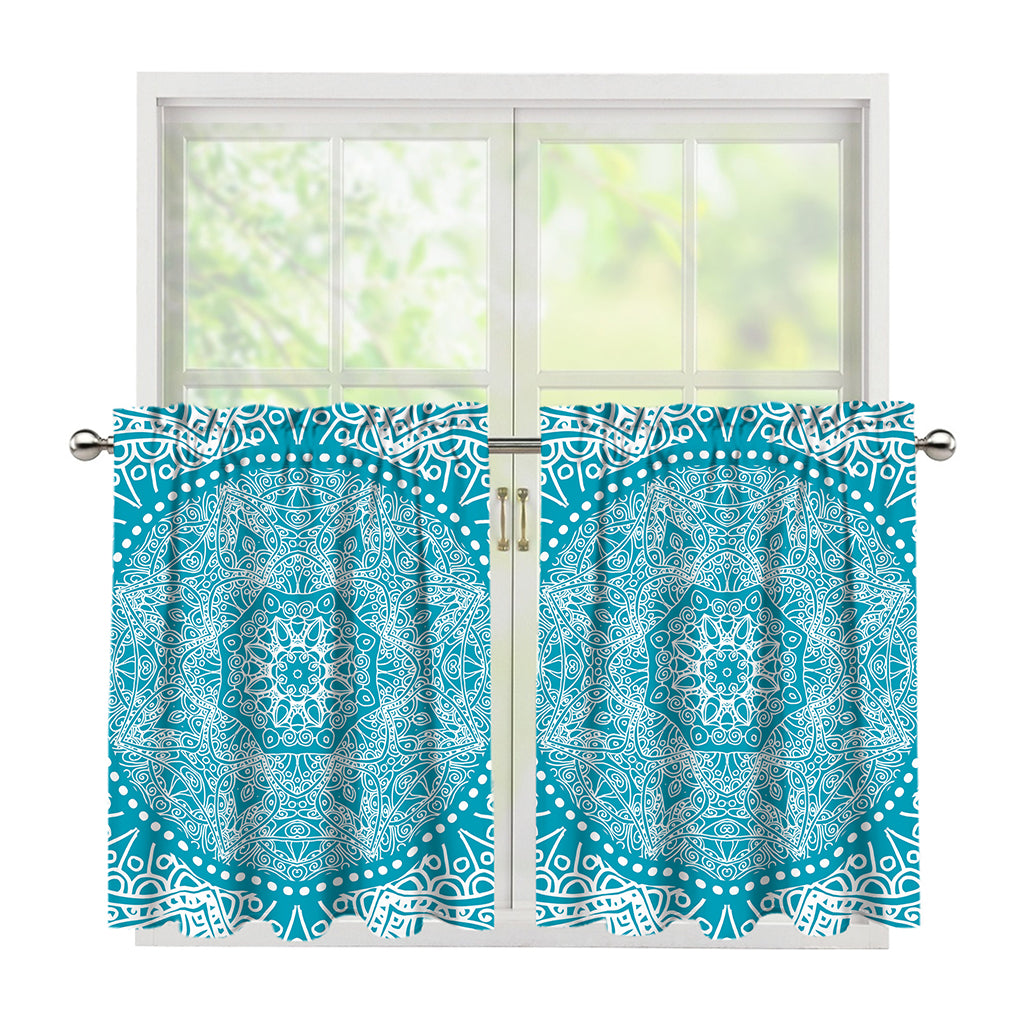 Teal And White Mandala Print Tier Curtains