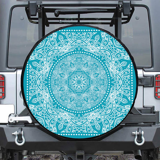 Teal And White Mandala Print Tire Cover