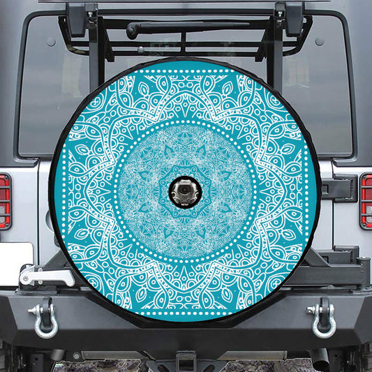 Teal And White Mandala Print Tire Cover With Camera Hole