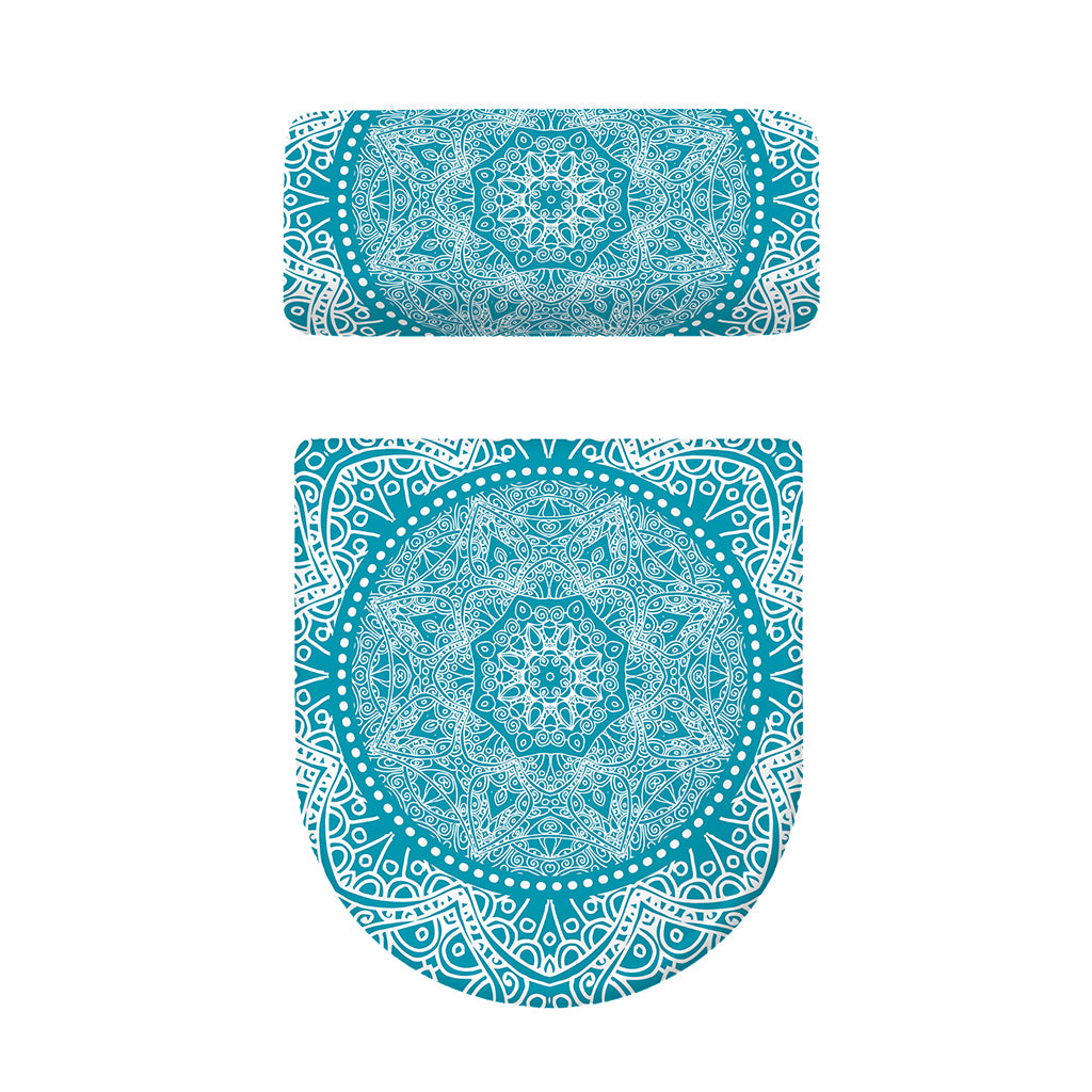 Teal And White Mandala Print Toilet Lid And Tank Cover Set