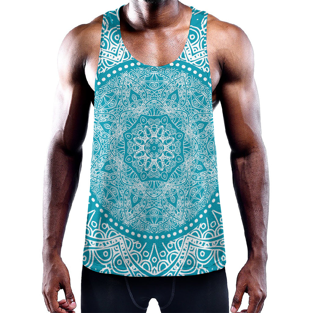 Teal And White Mandala Print Training Tank Top