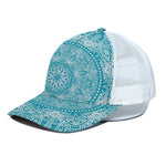 Teal And White Mandala Print White Mesh Trucker Cap