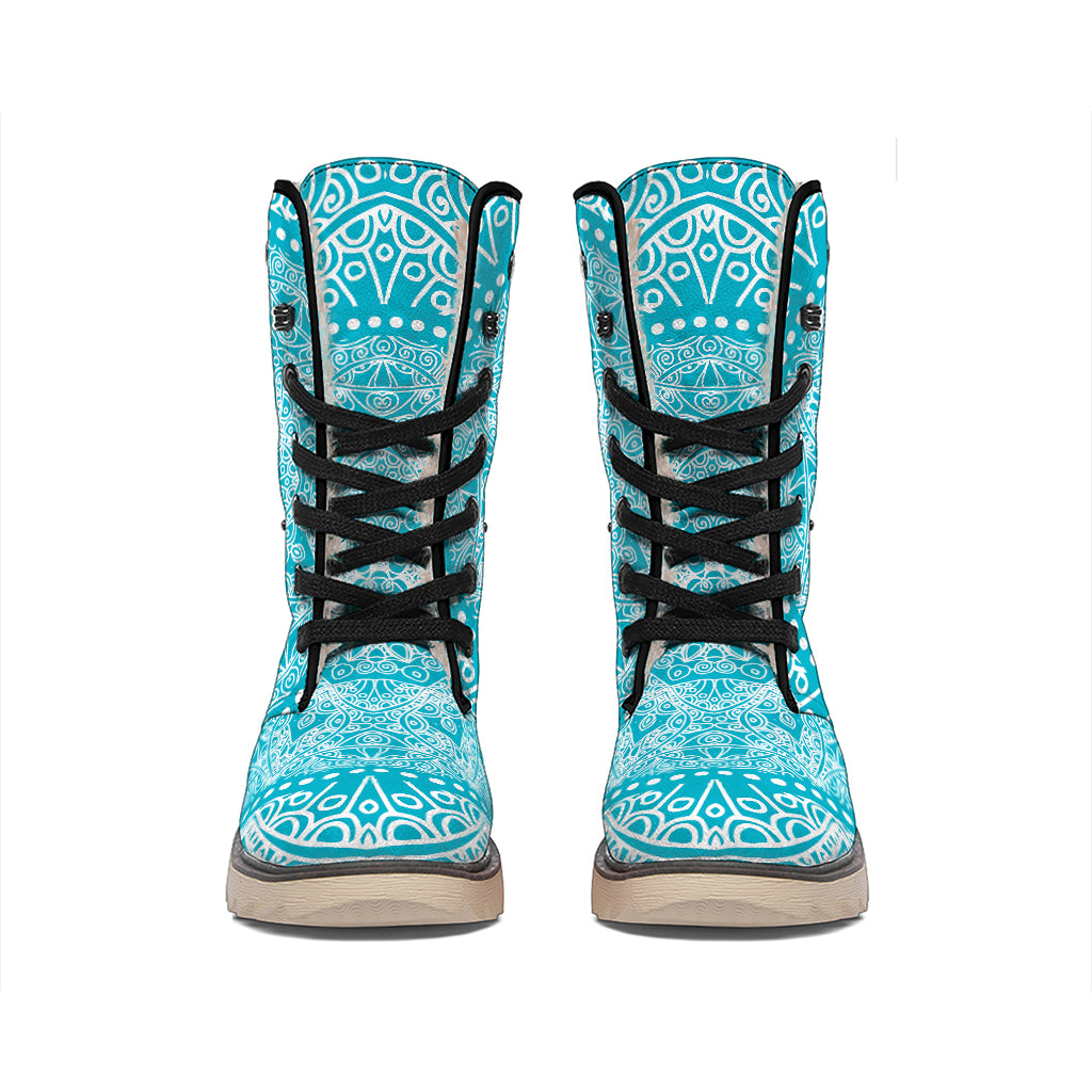 Teal And White Mandala Print Winter Boots