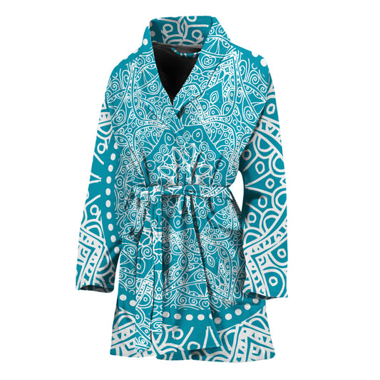 Teal And White Mandala Print Women's Bathrobe