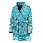 Teal And White Mandala Print Women's Bathrobe