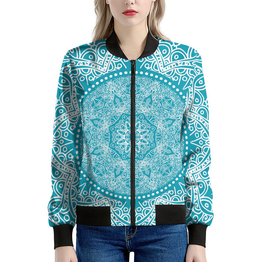 Teal And White Mandala Print Women's Bomber Jacket
