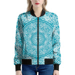 Teal And White Mandala Print Women's Bomber Jacket