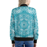 Teal And White Mandala Print Women's Bomber Jacket