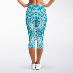 Teal And White Mandala Print Women's Capri Leggings
