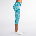 Teal And White Mandala Print Women's Capri Leggings