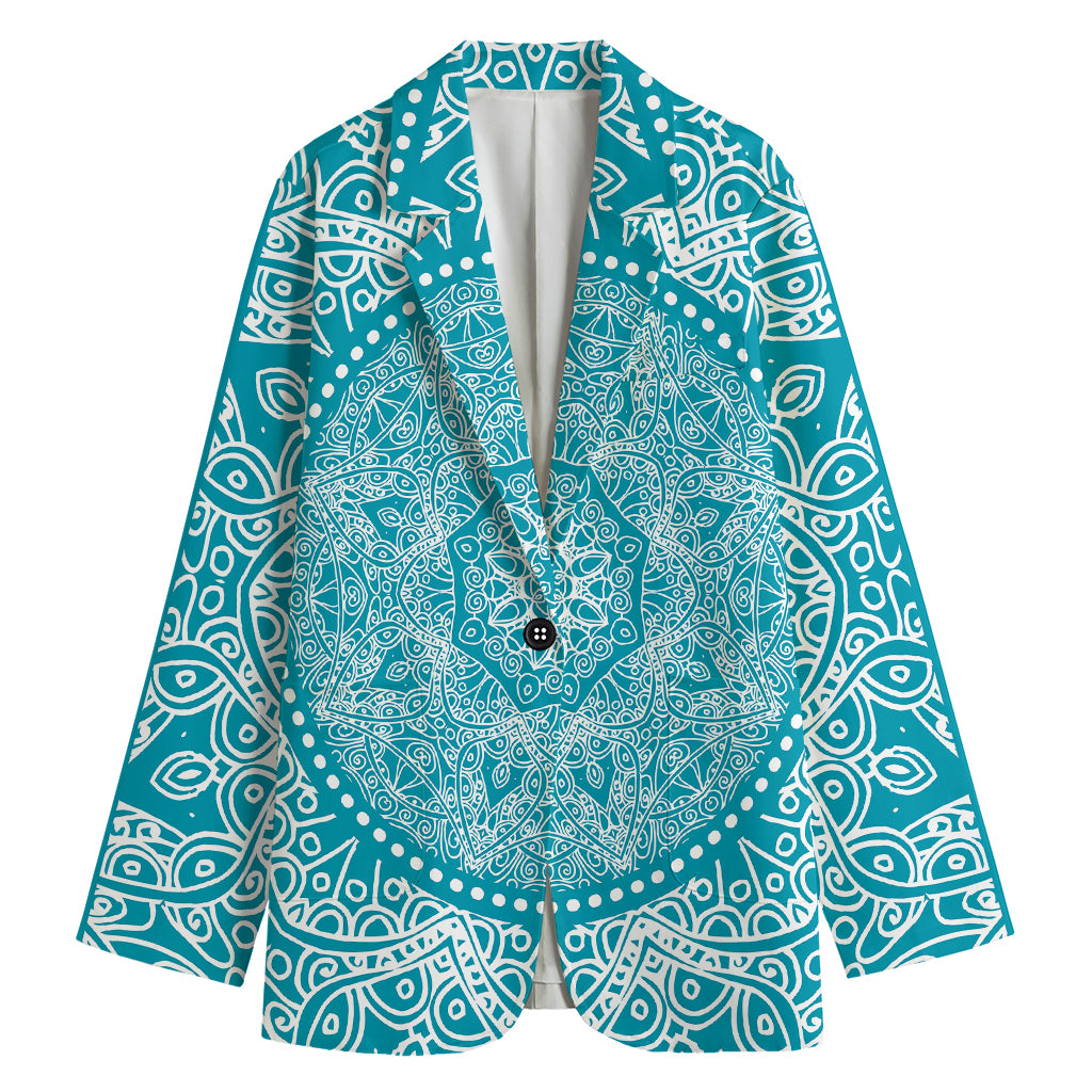 Teal And White Mandala Print Women's Cotton Blazer