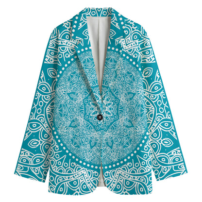 Teal And White Mandala Print Women's Cotton Blazer