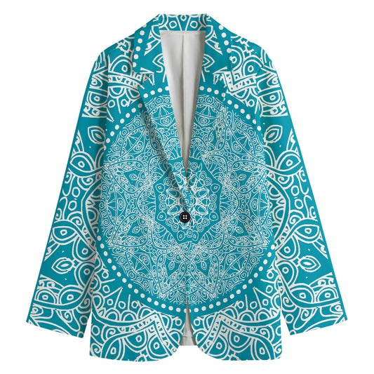 Teal And White Mandala Print Women's Cotton Blazer