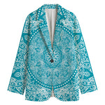 Teal And White Mandala Print Women's Cotton Blazer
