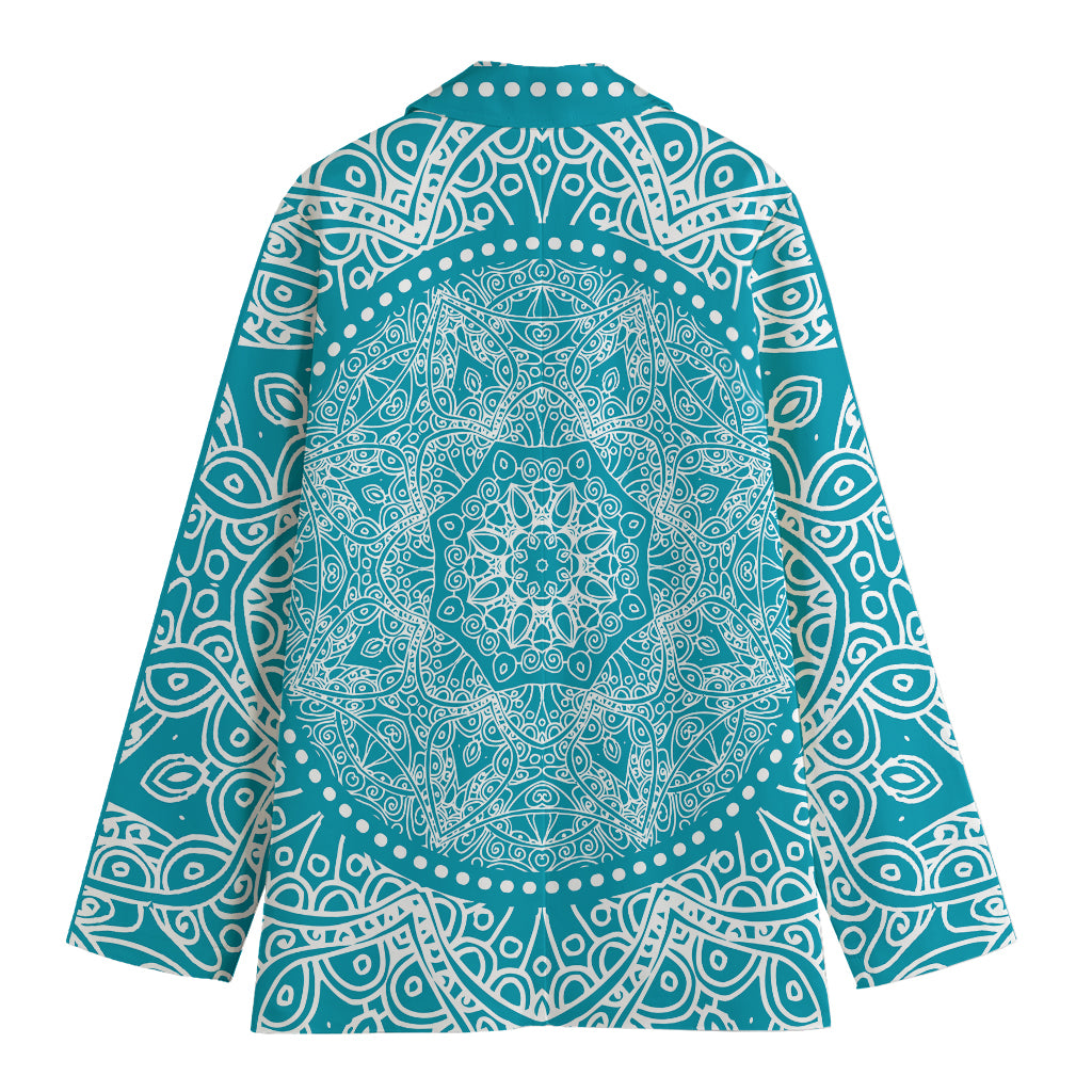 Teal And White Mandala Print Women's Cotton Blazer