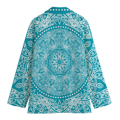Teal And White Mandala Print Women's Cotton Blazer