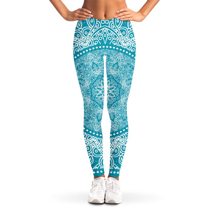 Teal And White Mandala Print Women's Leggings