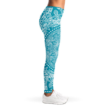 Teal And White Mandala Print Women's Leggings
