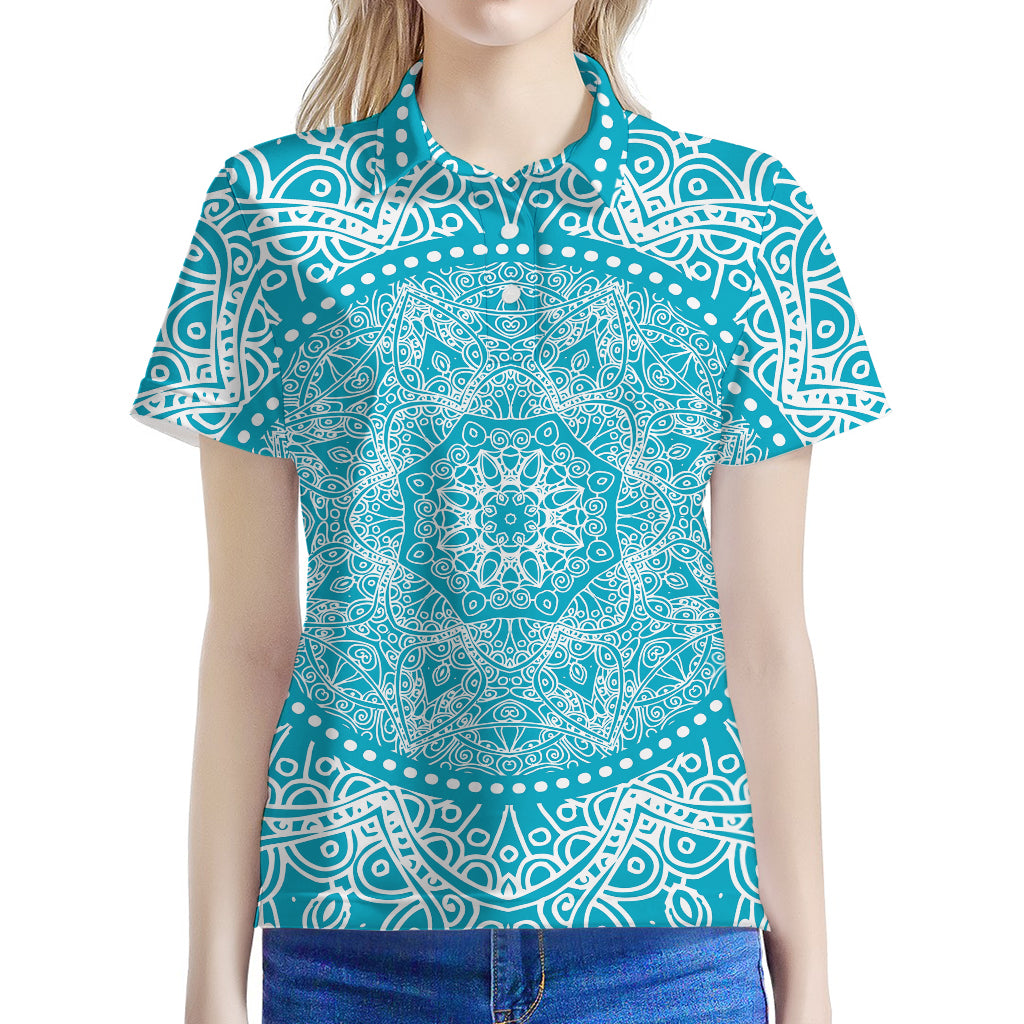Teal And White Mandala Print Women's Polo Shirt