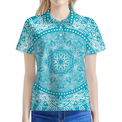 Teal And White Mandala Print Women's Polo Shirt