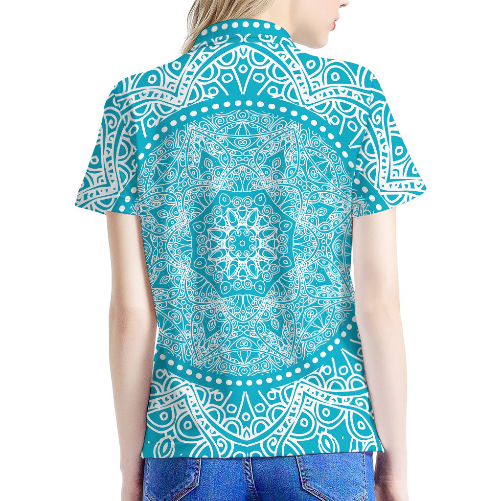 Teal And White Mandala Print Women's Polo Shirt